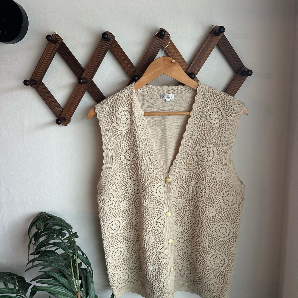 Cream Crochet Button-Up Vest